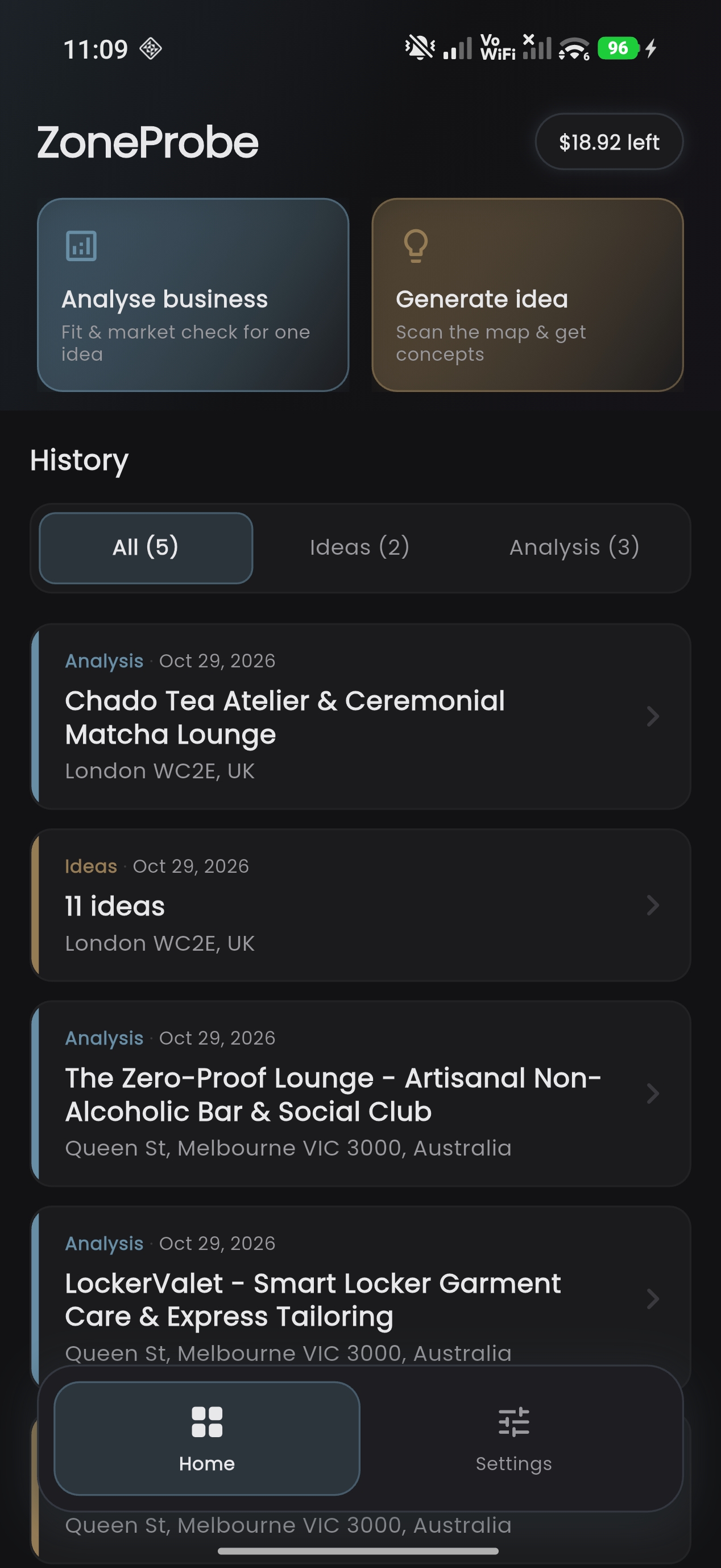 ZoneProbe home screen